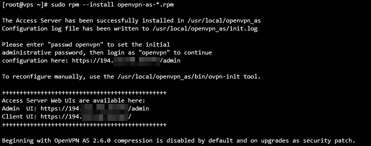 پیام پایان نصب OpenVPN