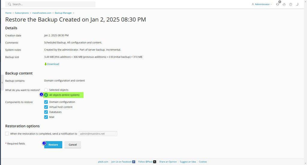 ریستور بکاپ پلسک از طریق Backup Manager