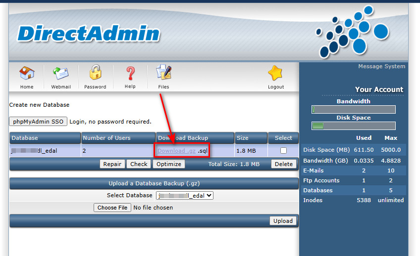 بکاپ گیری دیتابیس در دایرکت ادمین