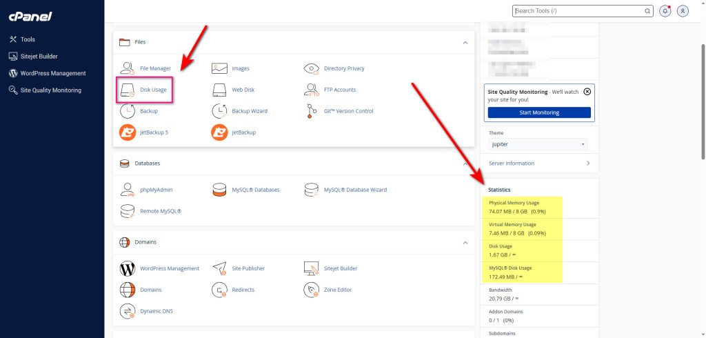 بررسی فضای مصرفی دیسک در سی‌پنل (cPanel)