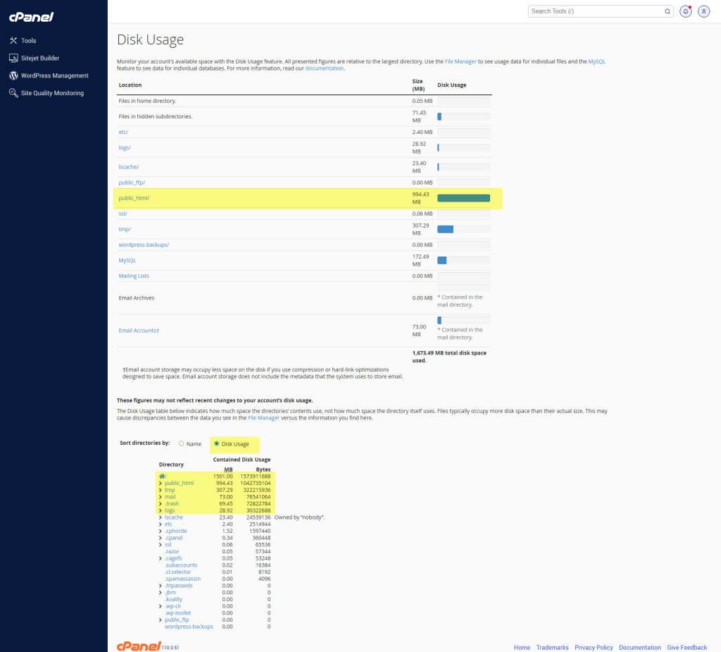 بررسی فضای مصرفی دیسک در سی‌پنل (cPanel)