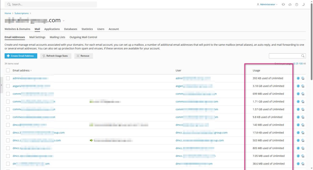 بررسی حجم اکانت ایمیل در پلسک (Plesk روی ویندوز سرور)