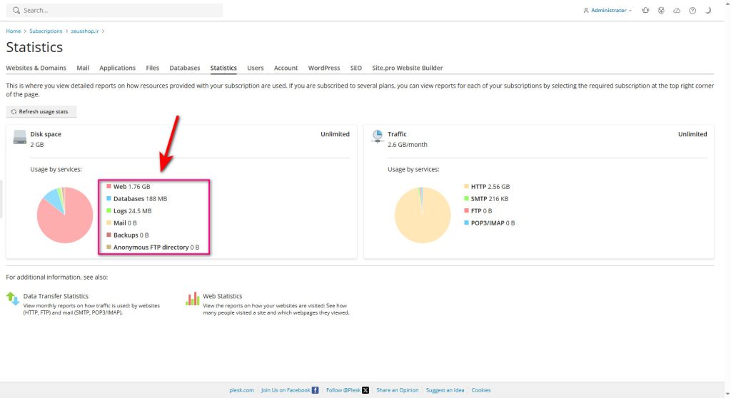 بررسی فضای مصرفی دیسک در پلسک (Plesk)