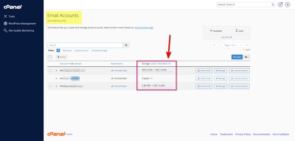 بررسی حجم اکانت ایمیل در سی‌پنل (cPanel)