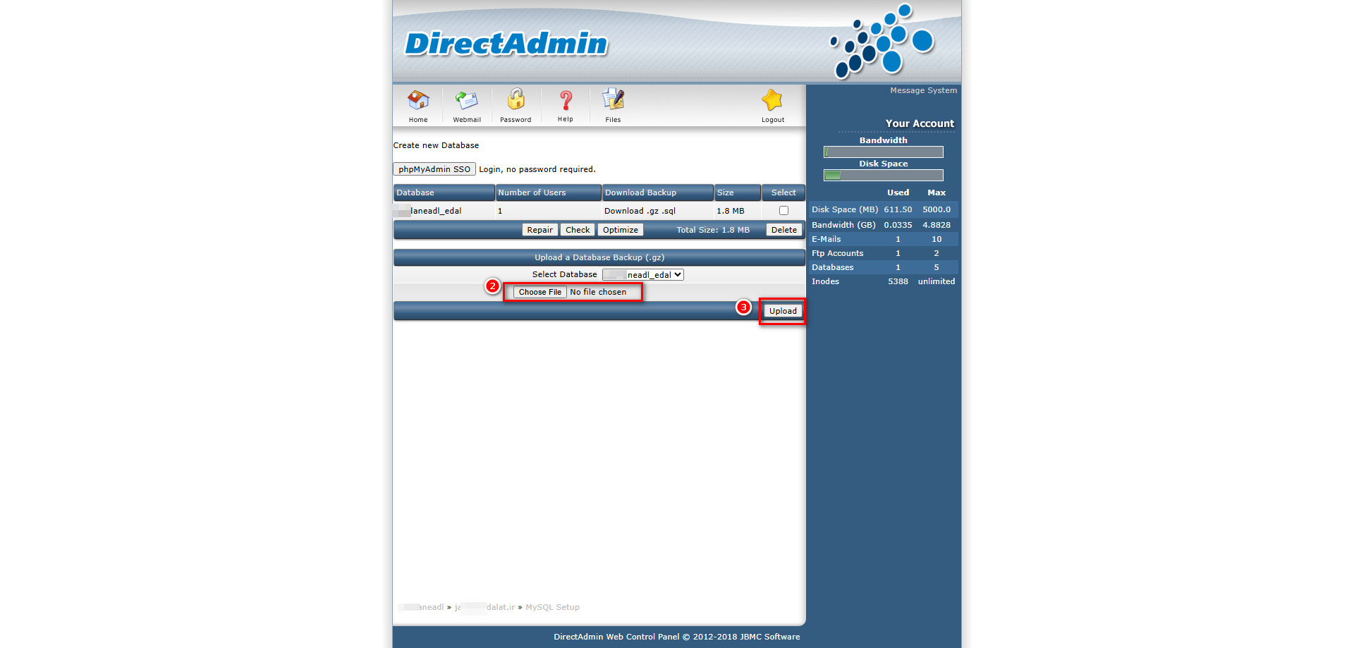 ریستور دیتابیس در دایرکت ادمین