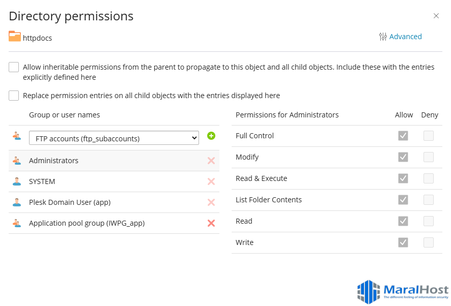 مرور تنظیمات امنیتی اشیای ویندوز از طریق Plesk GUI