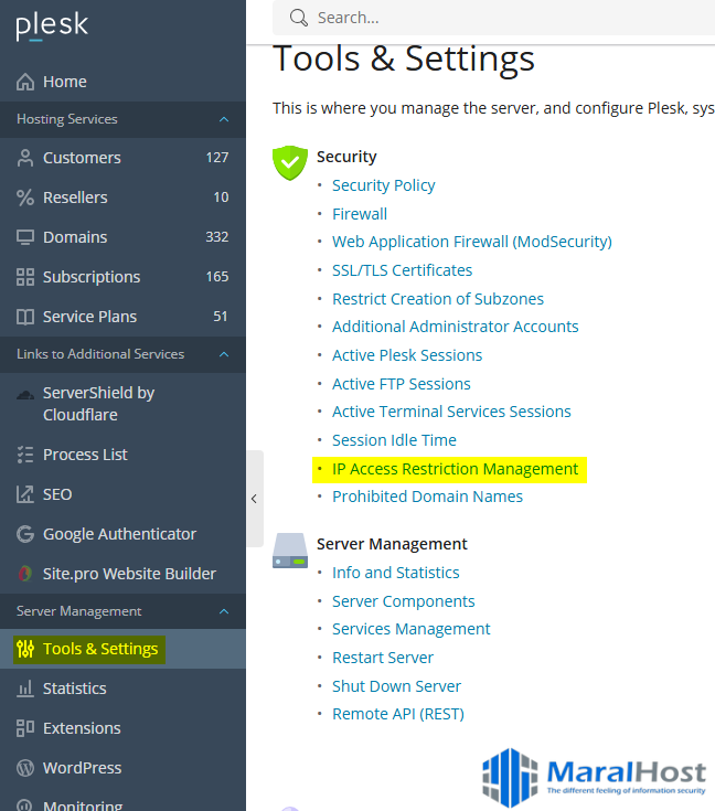محدود کردن دسترسی مدیریتی در Plesk