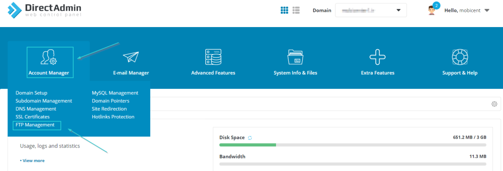 تنظیمات ftp در هاست دایرکت ادمین سی پنل و پلسک