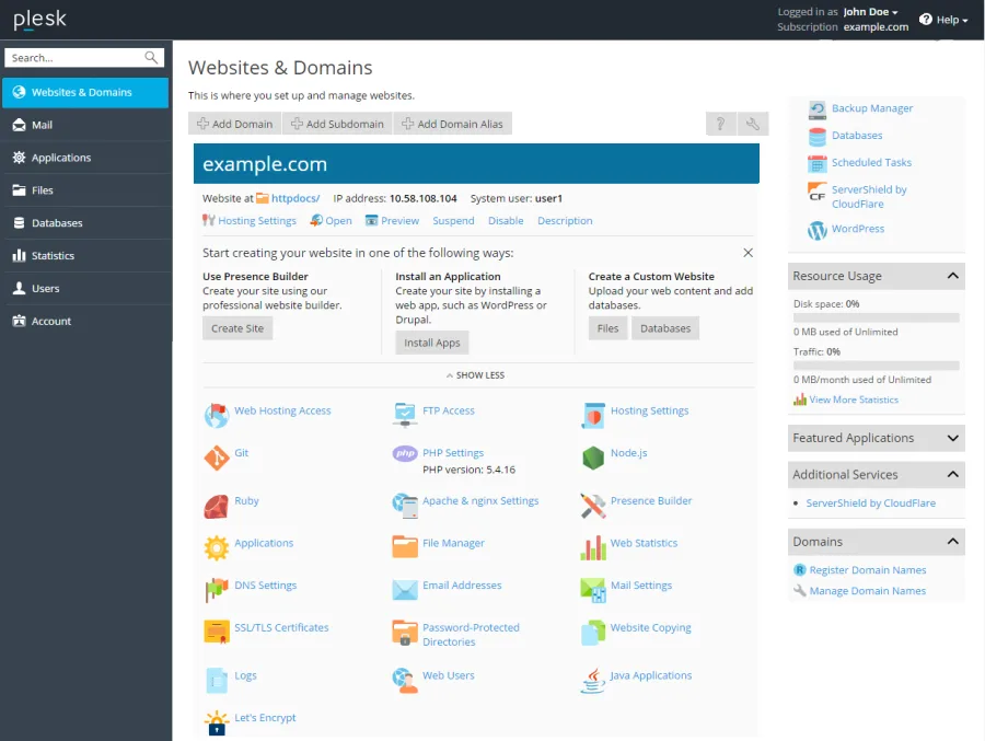 رابط کاربری Plesk