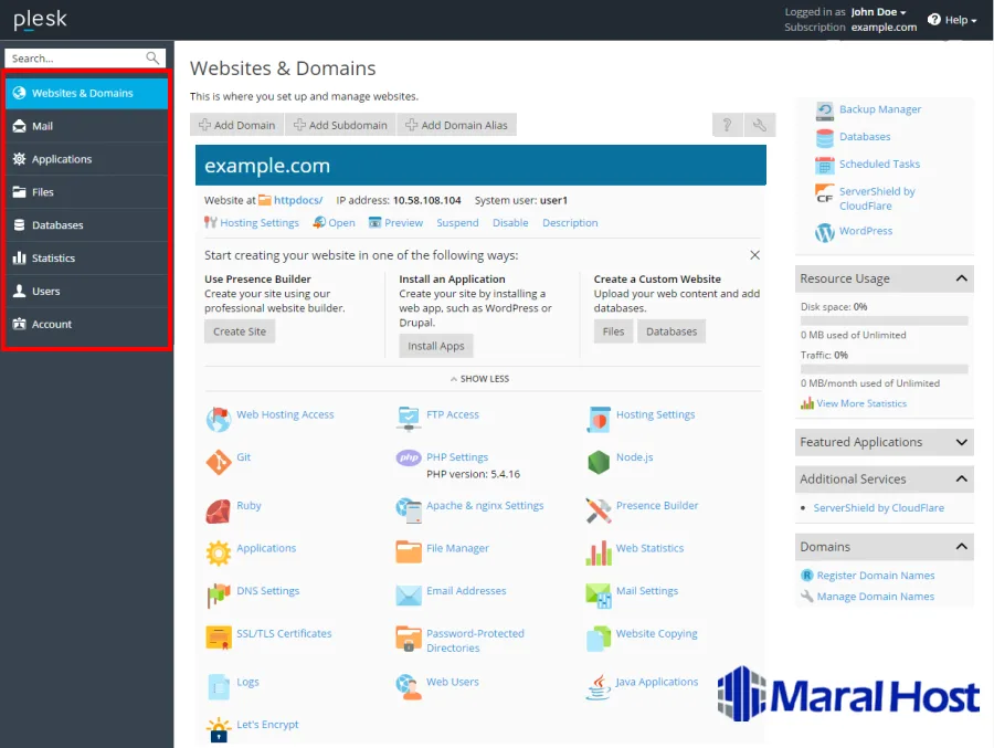 مروری بر رابط کاربری Plesk