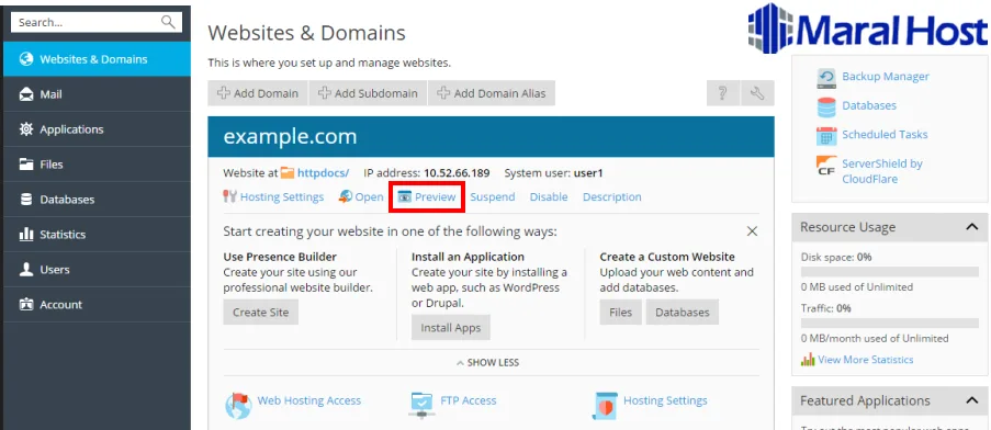 راه‌اندازی وب سایت در Plesk
