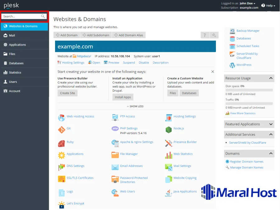 مروری بر رابط کاربری Plesk
