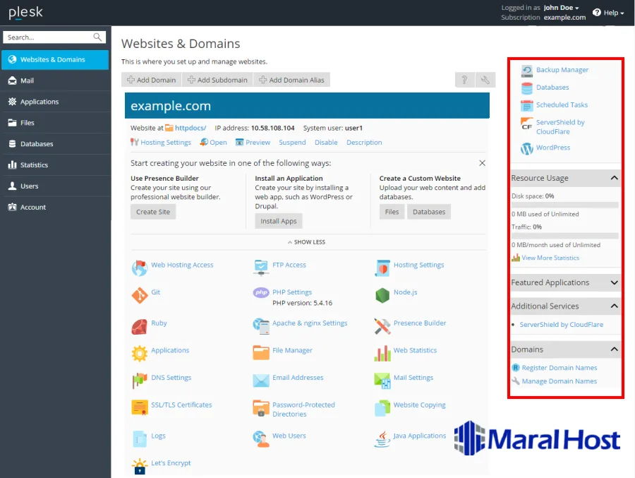 مروری بر رابط کاربری Plesk