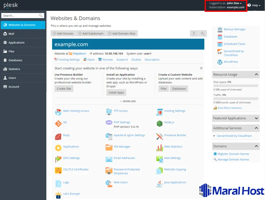 مروری بر رابط کاربری Plesk