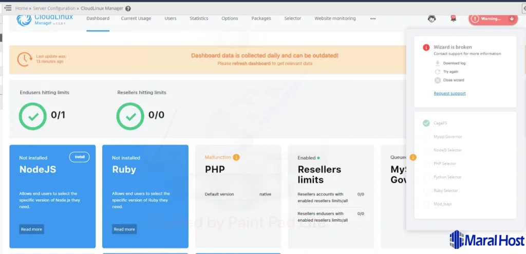 مشکل: خرابی "Wizard" هنگام نصب مؤلفه‌ها از طریق CloudLinux Wizard