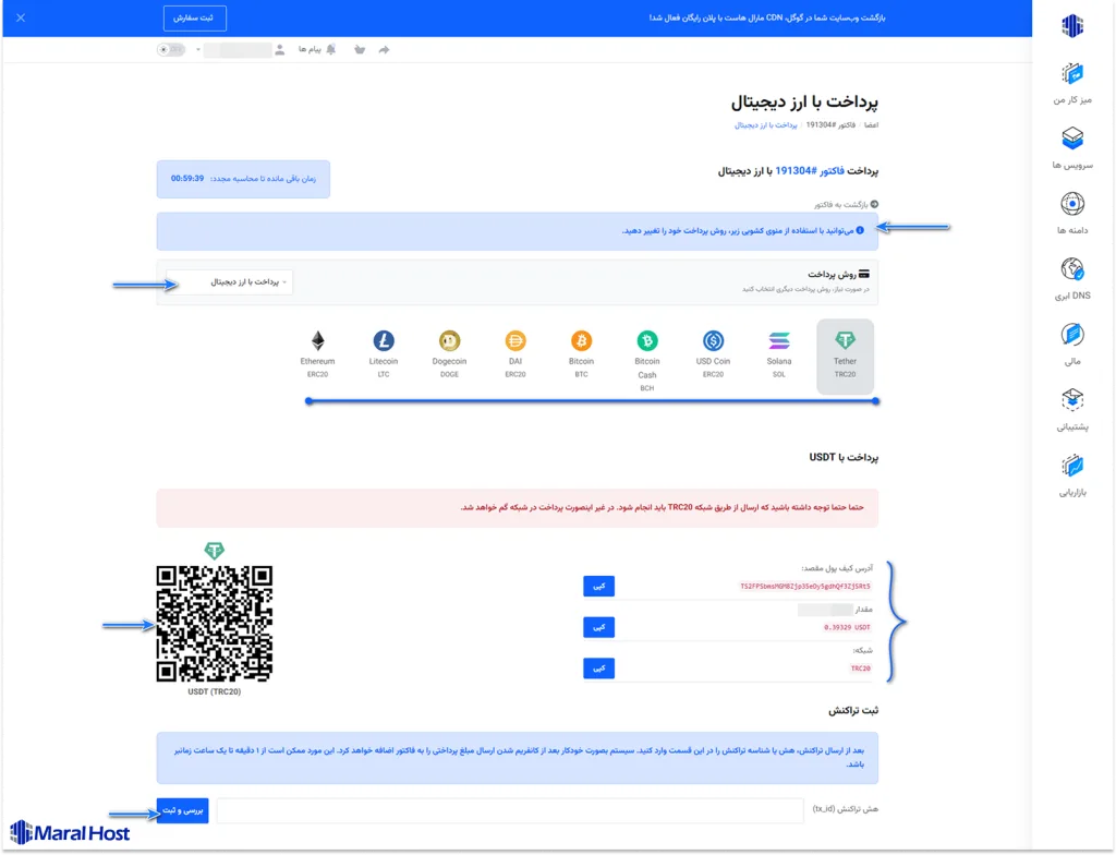 انتخاب نوع رمز ارز برای پرداخت صورت‌حساب مارال کلاد
