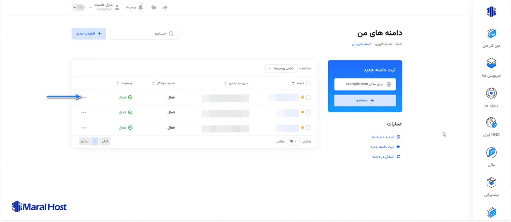 انتخاب دامنه مورد نظر برای غیرفعال کردن قفل انتقال دامنه برای دریافت EPP Code دامنه